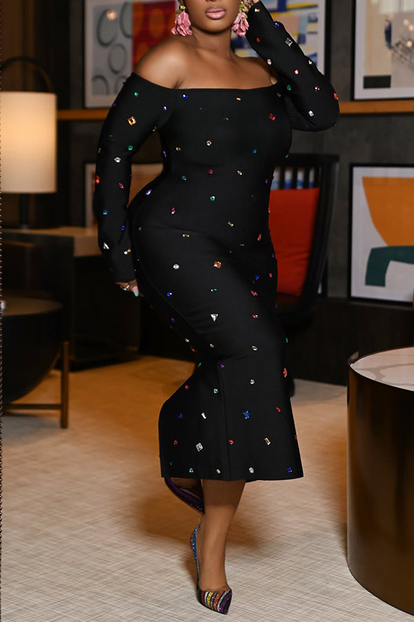 Elegant Off-the-Shoulder Bodycon Colorful Diamantes Dress