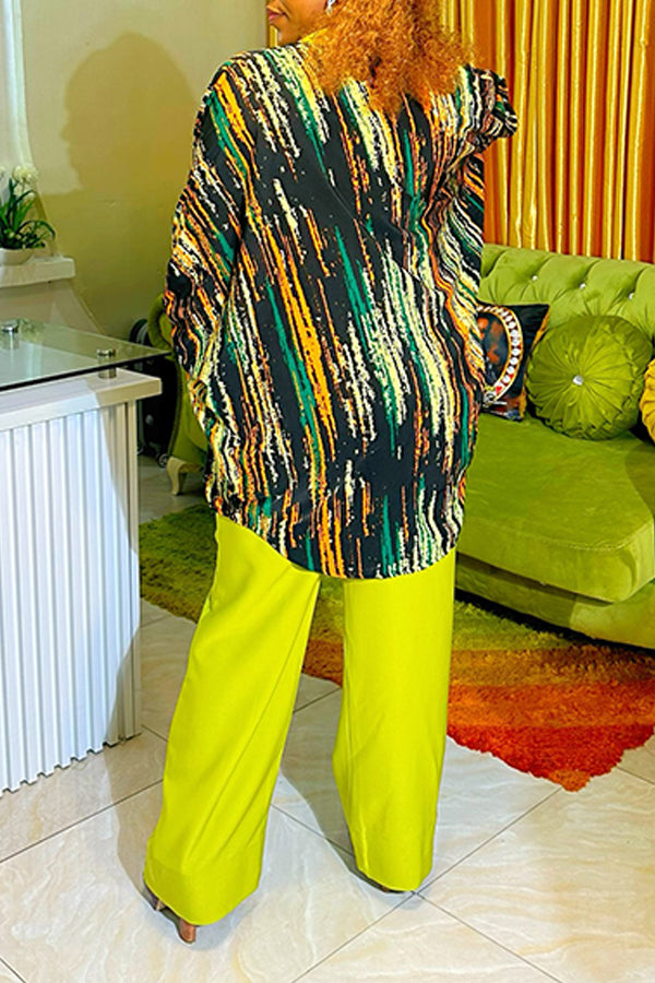 Fashion Painted Stripe Cardigan & High-Waisted Trousers Suit