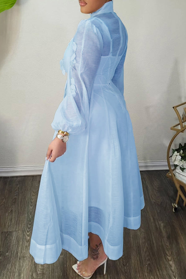 High Neck Hollow Out Lantern Sleeve Dress