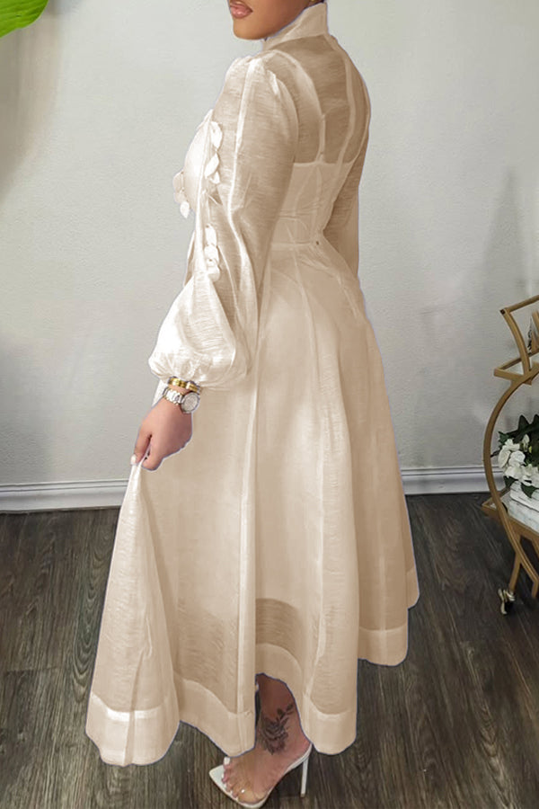 High Neck Hollow Out Lantern Sleeve Dress