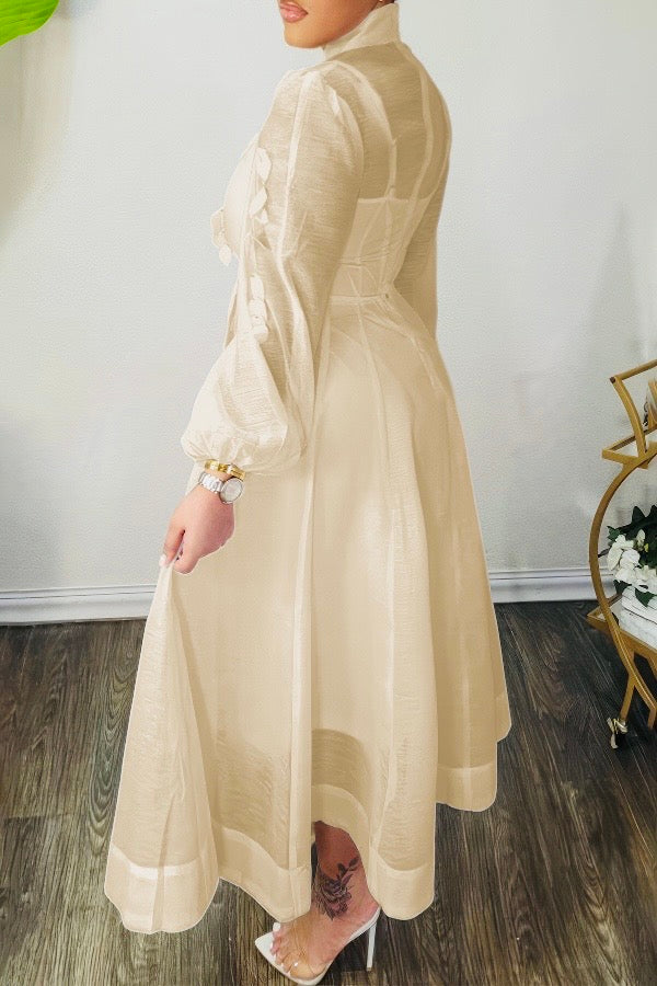 High Neck Hollow Out Lantern Sleeve Dress