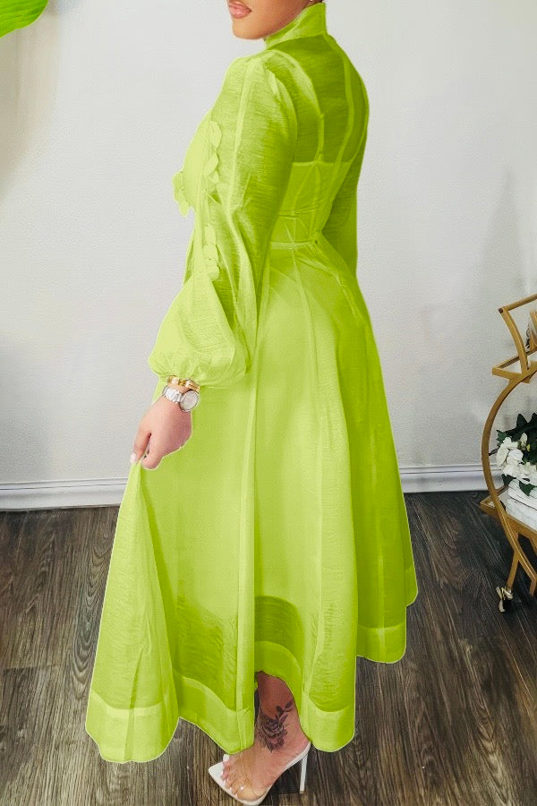 High Neck Hollow Out Lantern Sleeve Dress