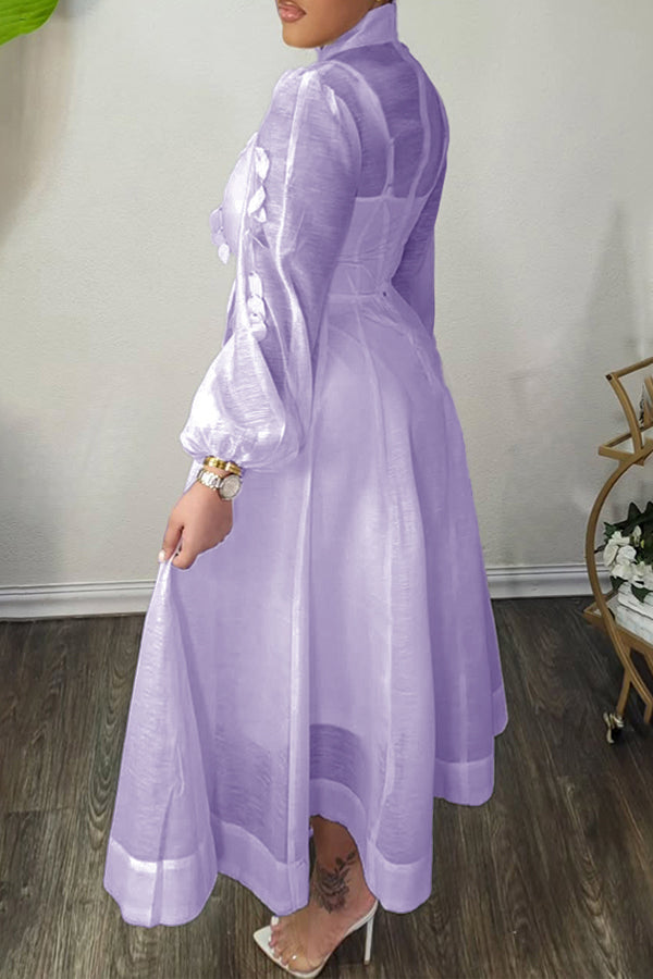 High Neck Hollow Out Lantern Sleeve Dress