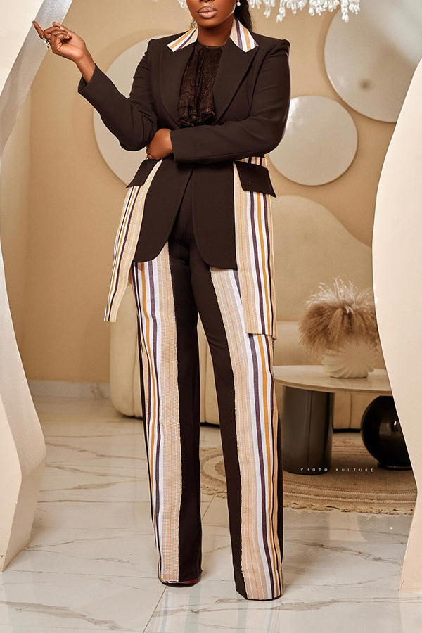 Fashion Colorblock Stripe Suit Jacket & Trousers Set