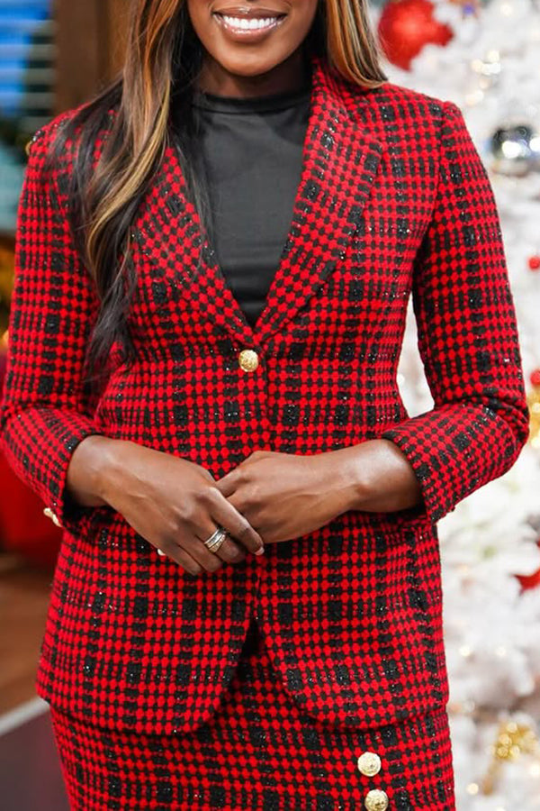 Elegant Plaid Blazer & Split Hem Skirt Set