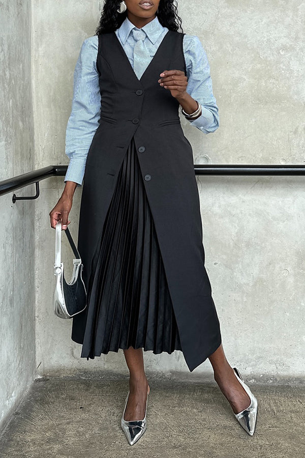 Fashion Shirt & Long Vest & Pleated Skirt Set