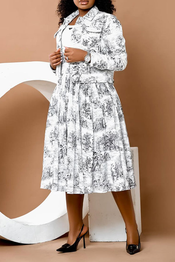 Chic Landscape Painting Printed Short Jacket & Skirt Set