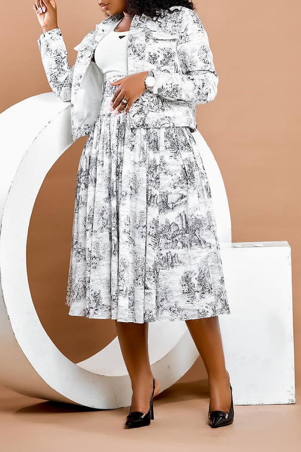 Chic Landscape Painting Printed Short Jacket & Skirt Set