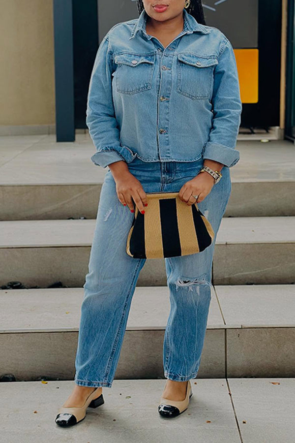 Casual Double Pocket Denim Shirt & Ripped Jeans Set