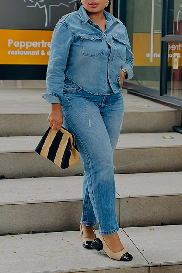 Casual Double Pocket Denim Shirt & Ripped Jeans Set