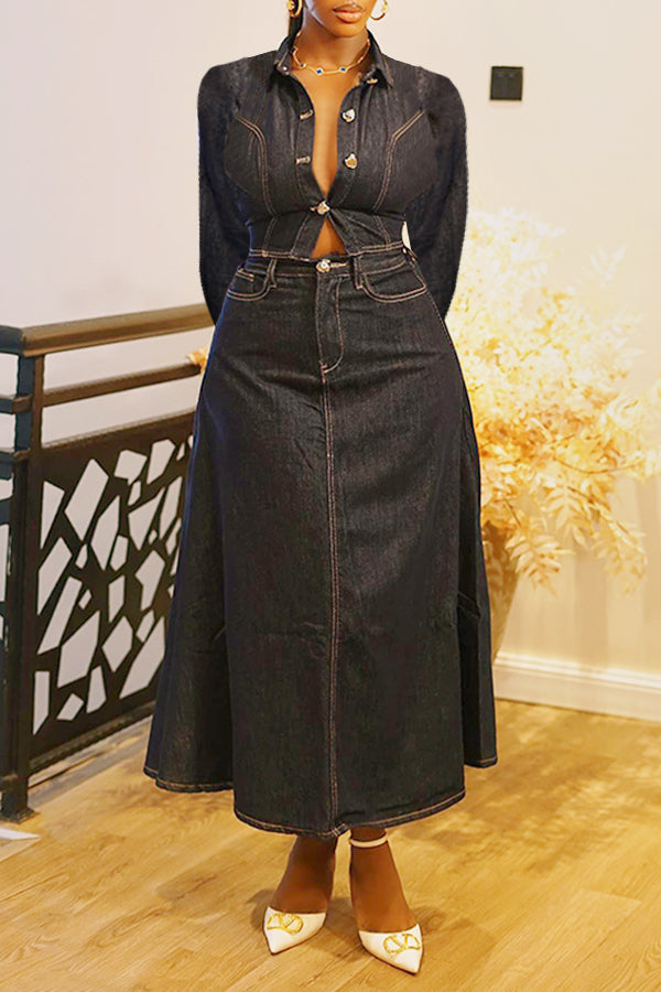 Chic Metal Decorative Button Denim Shirt & Denim Skirt Set