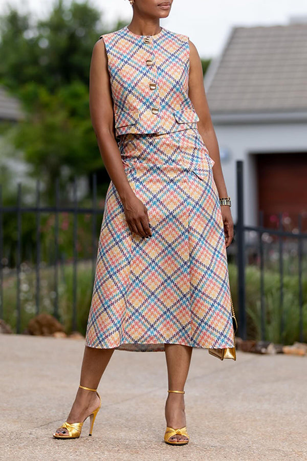 Chic Colorful Houndstooth Waistcoat & Skirt Set