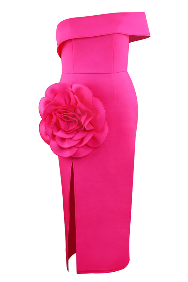 Strapless Flower Embellished Slit Dress