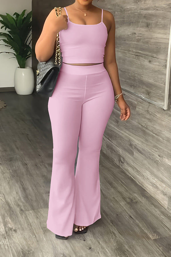 Casual Solid Sling Top & Flare Pants Set