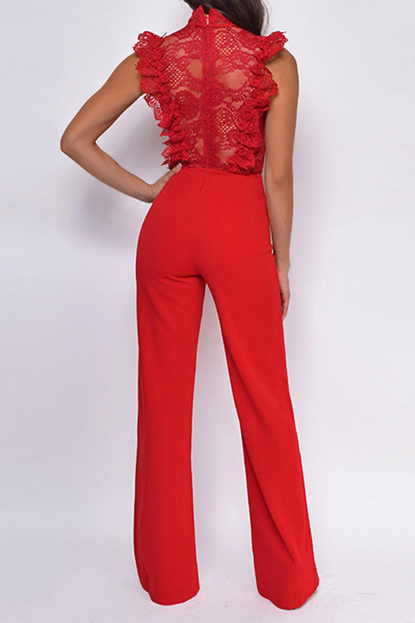 Stylish Mock Neck Lace Ruched Jumpsuit