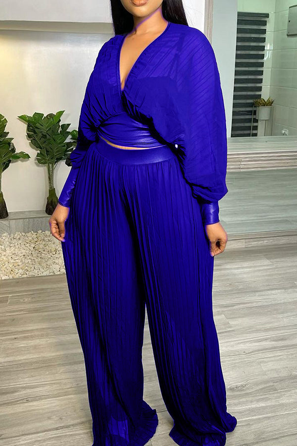 Casual Pleated Batwing Sleeve Top & Wide Leg Pants Set