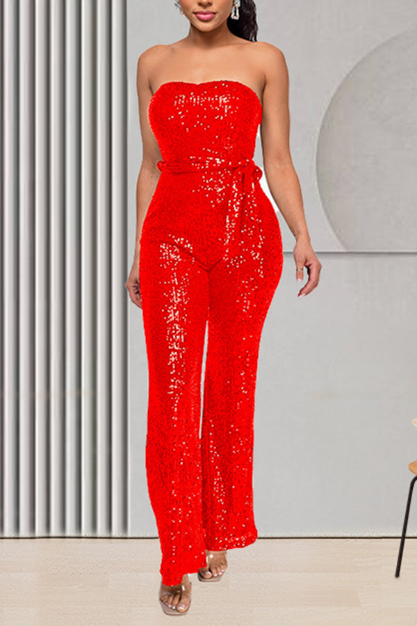 Stylish Sequin Self Belted Jumpsuit