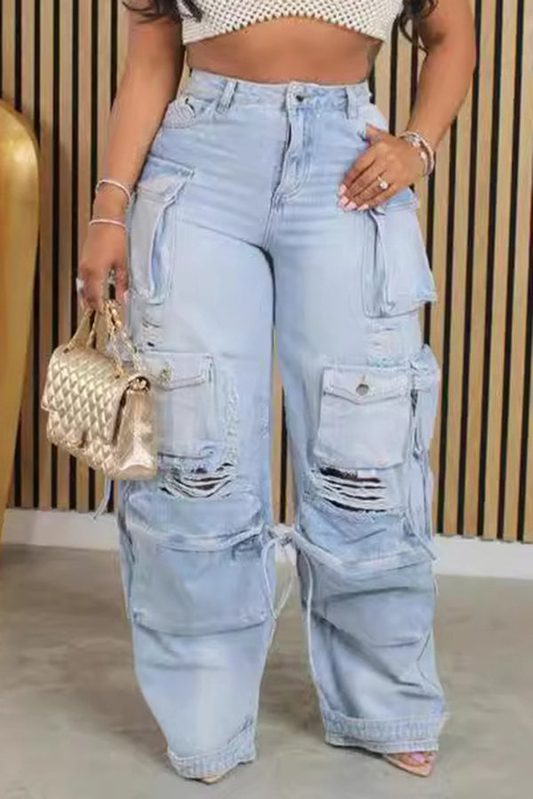 Casual Multi-Pocket Ripped Work Jeans