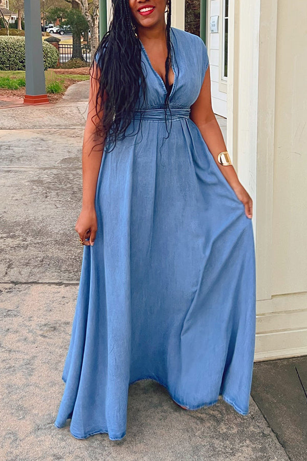 Vacation Denim Overlap Collar Maxi Dress