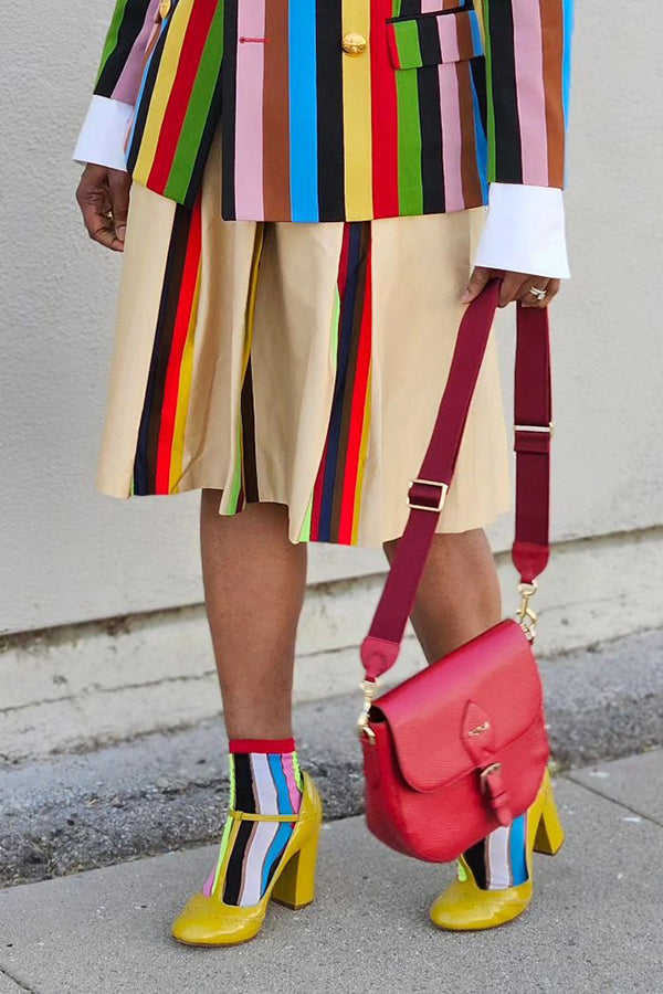 Stylish Striped Colorful Double Breasted Blazer & Skirt Set