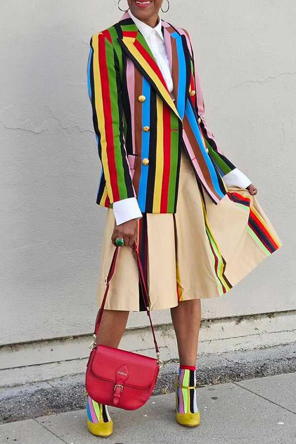 Stylish Striped Colorful Double Breasted Blazer & Skirt Set