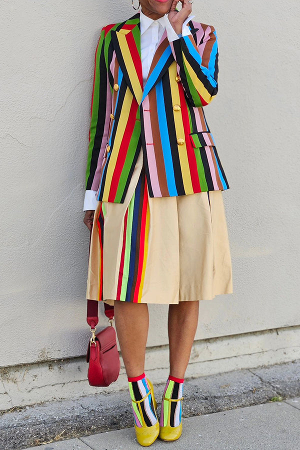 Stylish Striped Colorful Double Breasted Blazer & Skirt Set