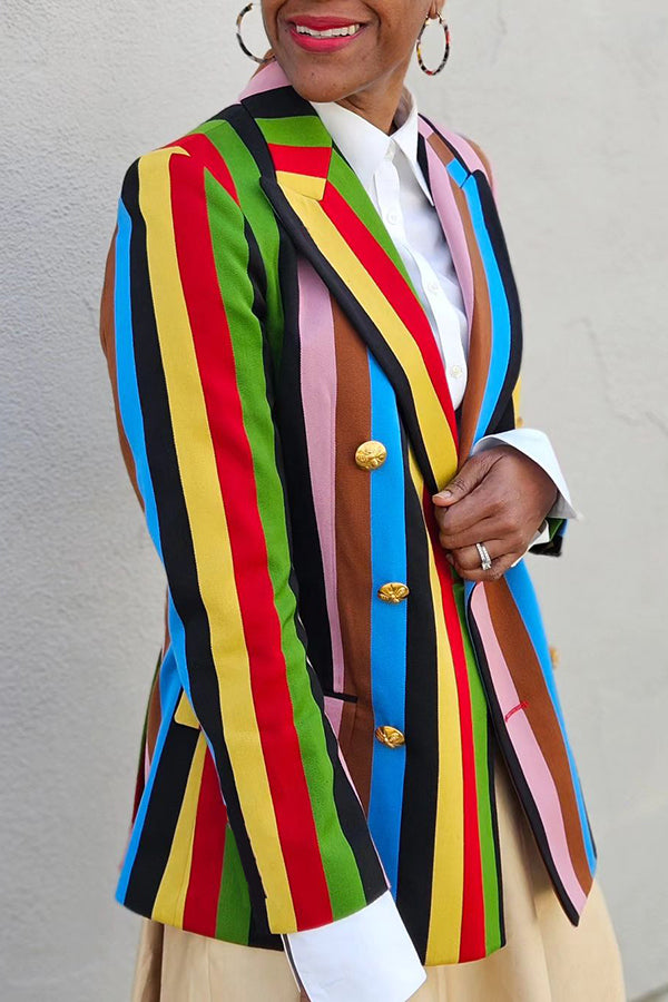 Stylish Striped Colorful Double Breasted Blazer & Skirt Set