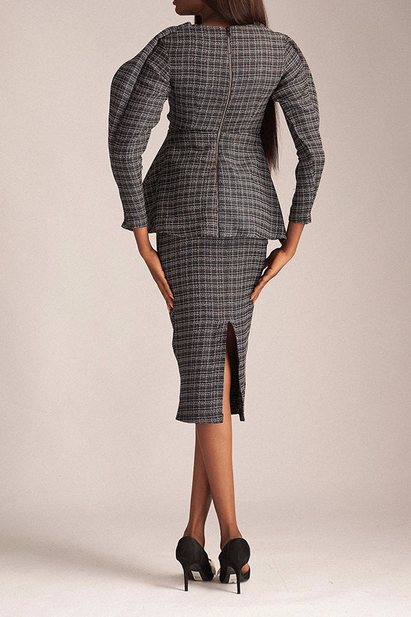 Classic Plaid Peplum Top & Skirt Set