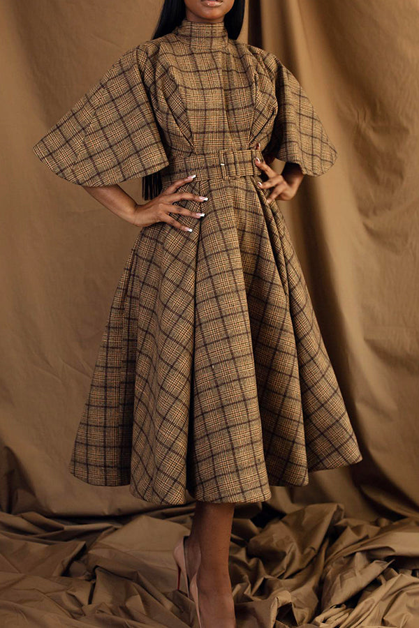 Chic Plaid Mock Neck Trumpet Sleeve A-line Dress