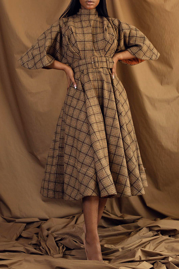 Chic Plaid Mock Neck Trumpet Sleeve A-line Dress