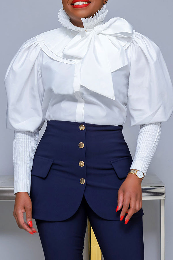 Elegant Bow Front Pleated Solid Blouse