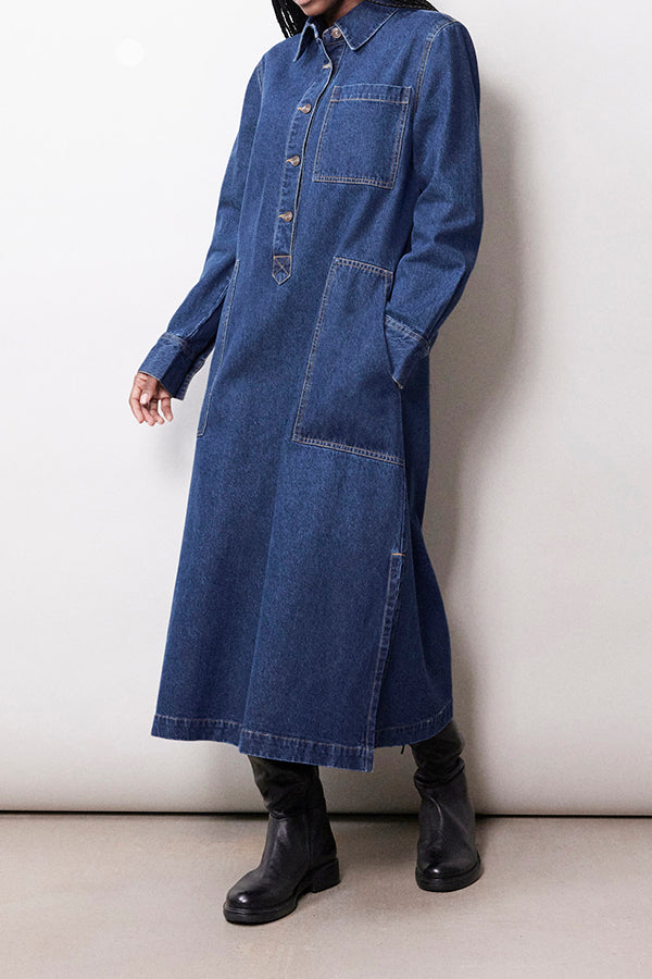 Stylish Patched Pocket Denim Midi Shirt Dress