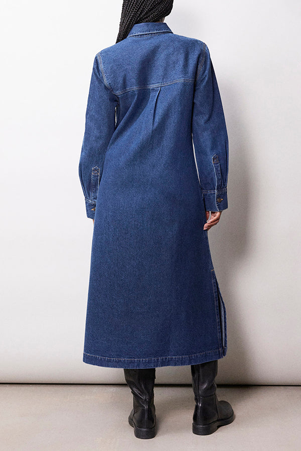 Stylish Patched Pocket Denim Midi Shirt Dress