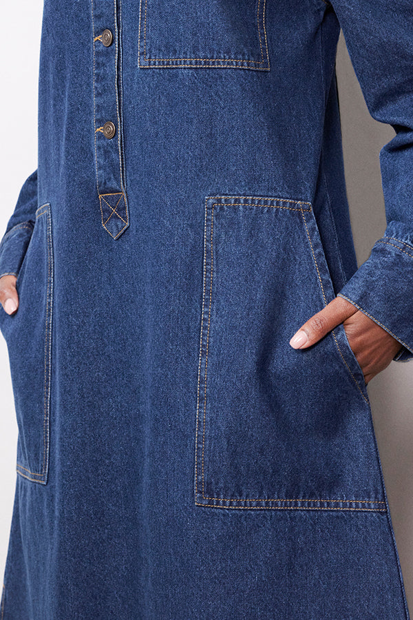 Stylish Patched Pocket Denim Midi Shirt Dress