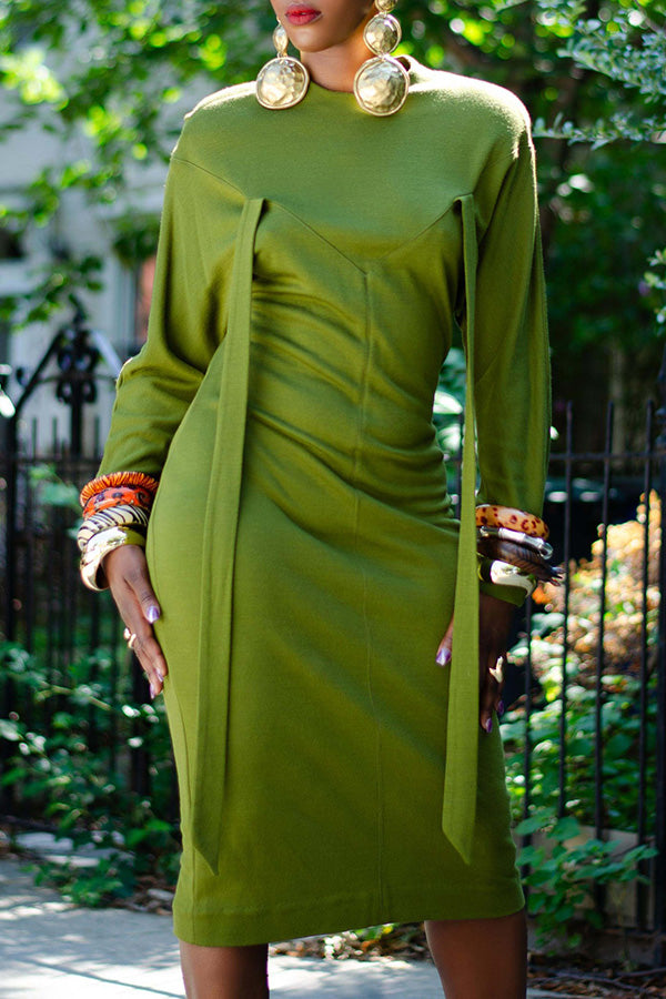 Vintage Shoulder Pads Solid Midi Dress