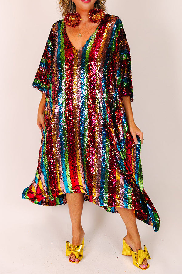 Rainbow Stripe Sequin Mid Caftan