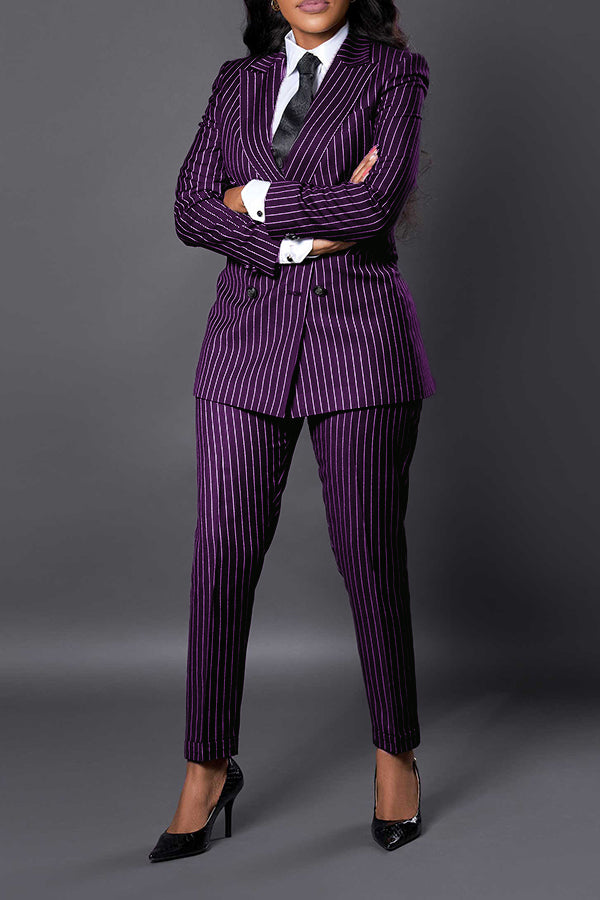 Stylish Striped Peak Lapel Blazer & Pants Set