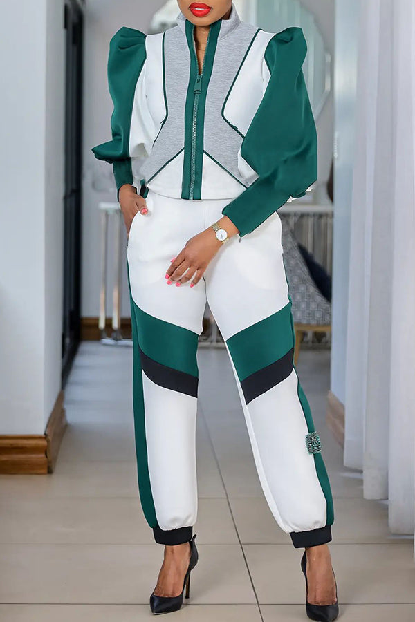 Casual Gigot Sleeve Colorblock Top & Pants Set