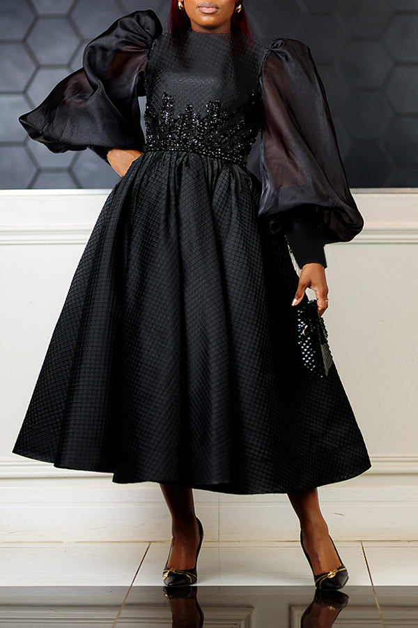 Elegant Mesh Sleeve Midi Dress