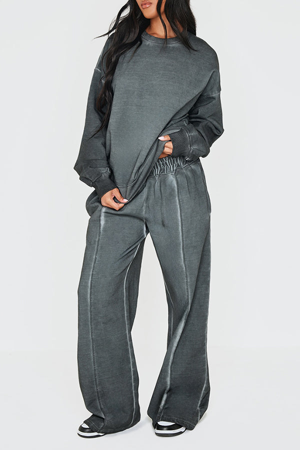 Casual Washed Round Neck Sweatshirt & Pants Set