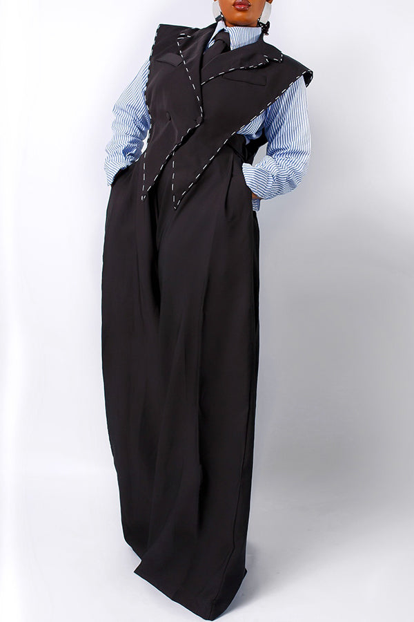 Chic Lapel Neck Sleeveless Vest & Wide Leg Pants Set