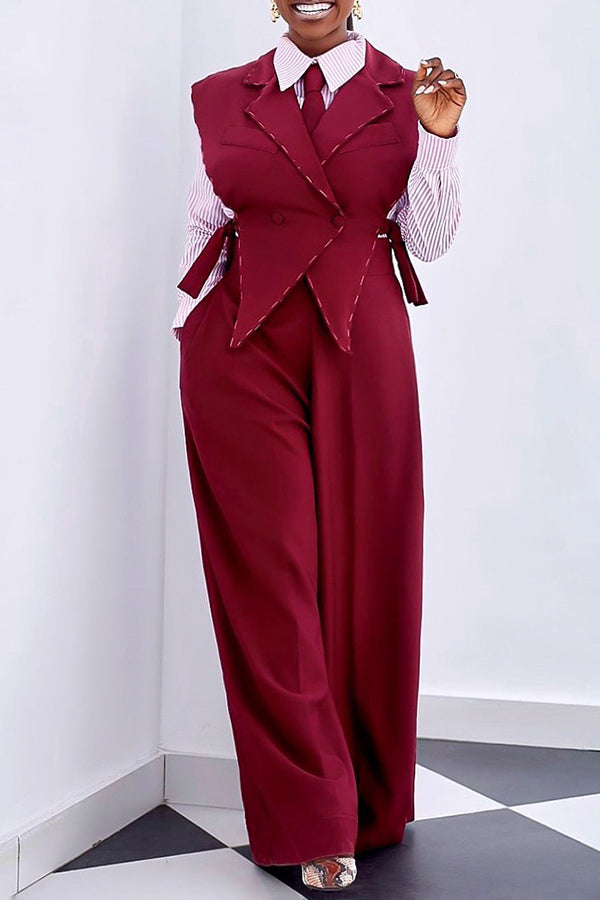 Chic Lapel Neck Sleeveless Vest & Wide Leg Pants Set