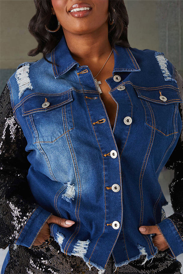 Casual Sequin Panel Denim Jacket