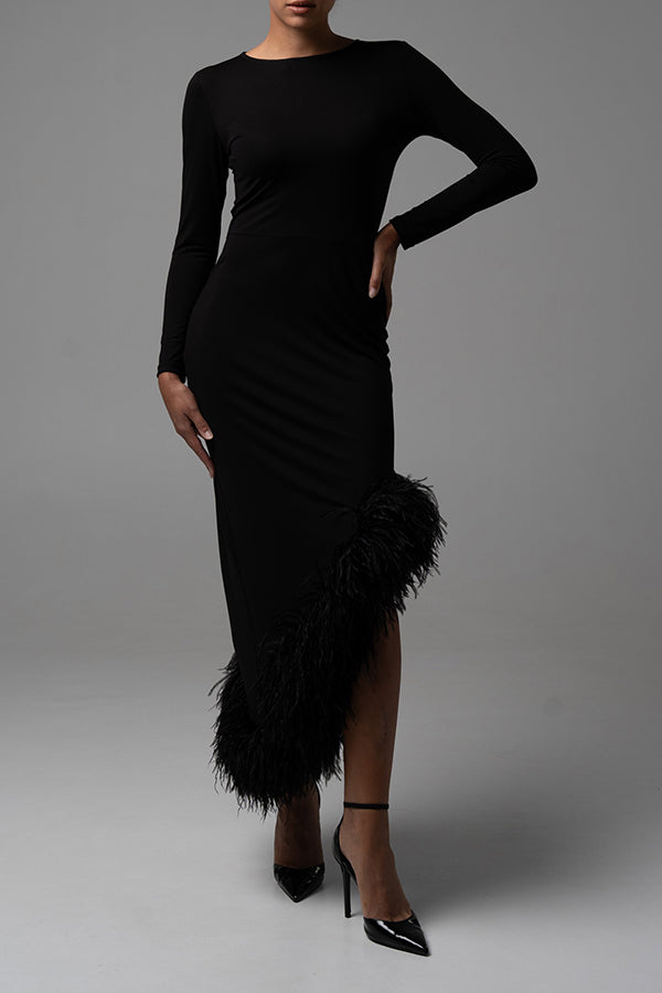 Vintage Bodycon Asymmetrical Hem Feathered Dress