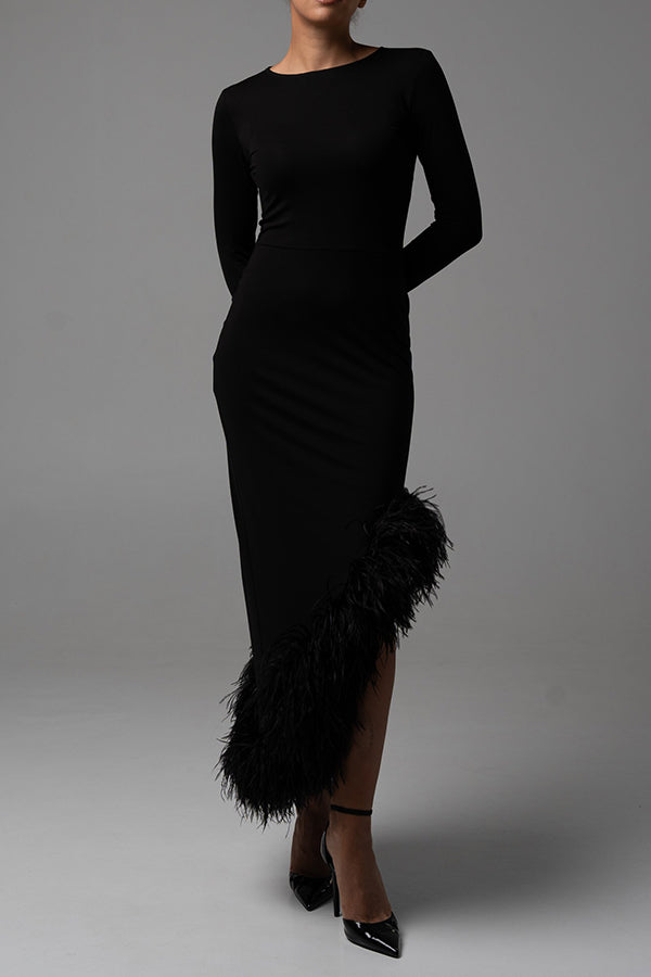 Vintage Bodycon Asymmetrical Hem Feathered Dress