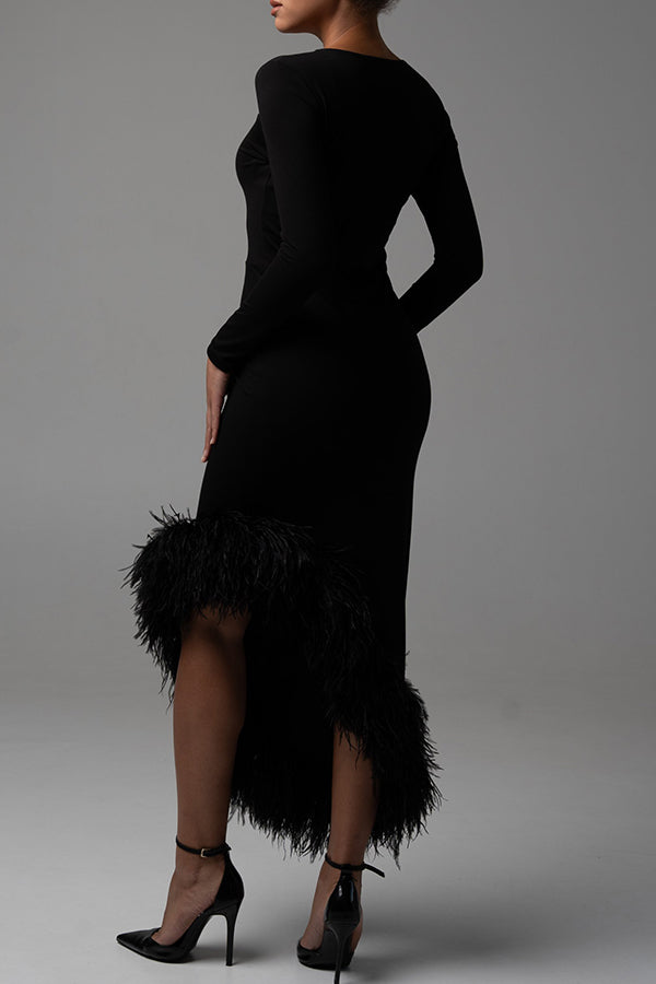 Vintage Bodycon Asymmetrical Hem Feathered Dress