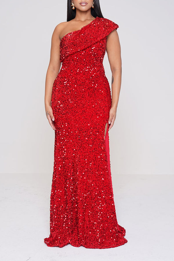 Shiny One Shoulder Sequin Dress