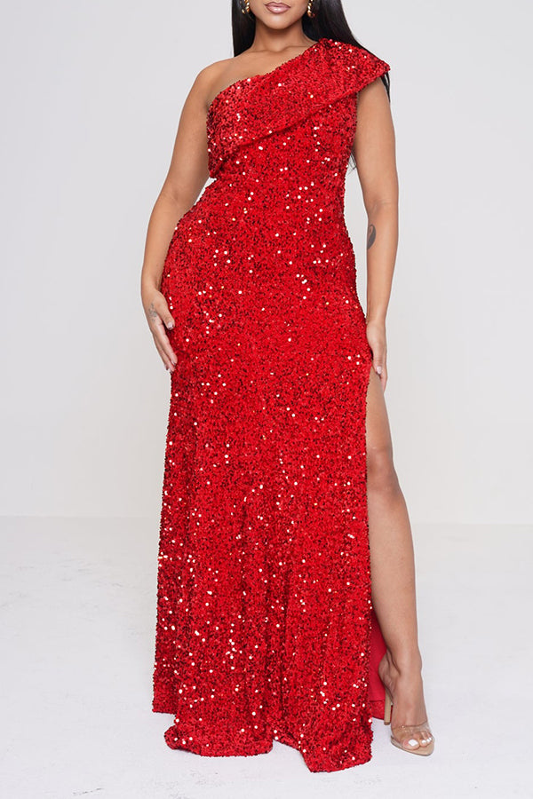 Shiny One Shoulder Sequin Dress