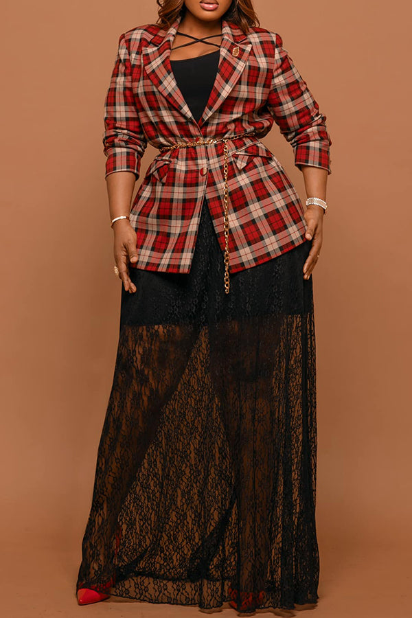 Vintage Plaid Blazer & Mesh Skirt Set