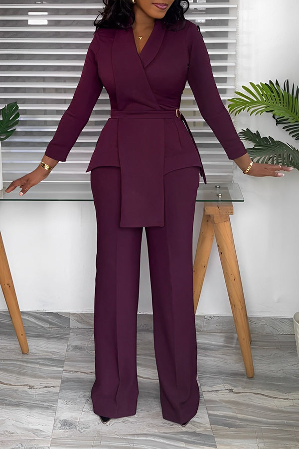 Elegant Asymmetrical Collar Blazer & Pants Set